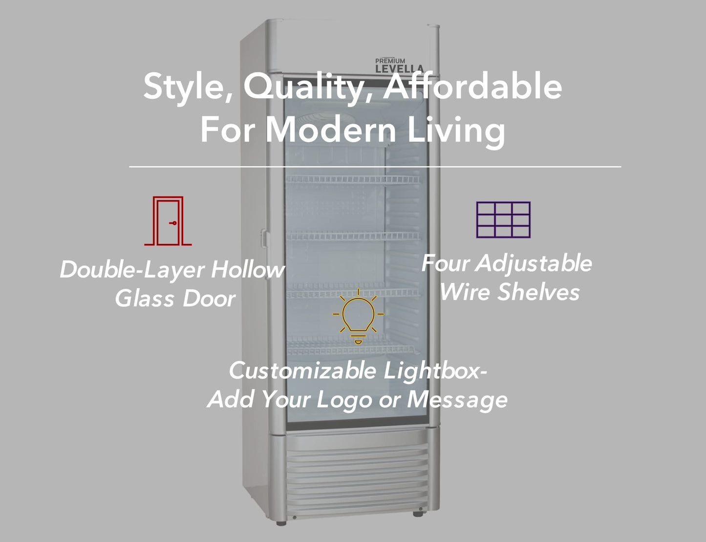 PremiumLevella PRF90DX Glass Door Display Refrigerator Commercial Beverage Cooler Merchandiser With Customizable Lightbox