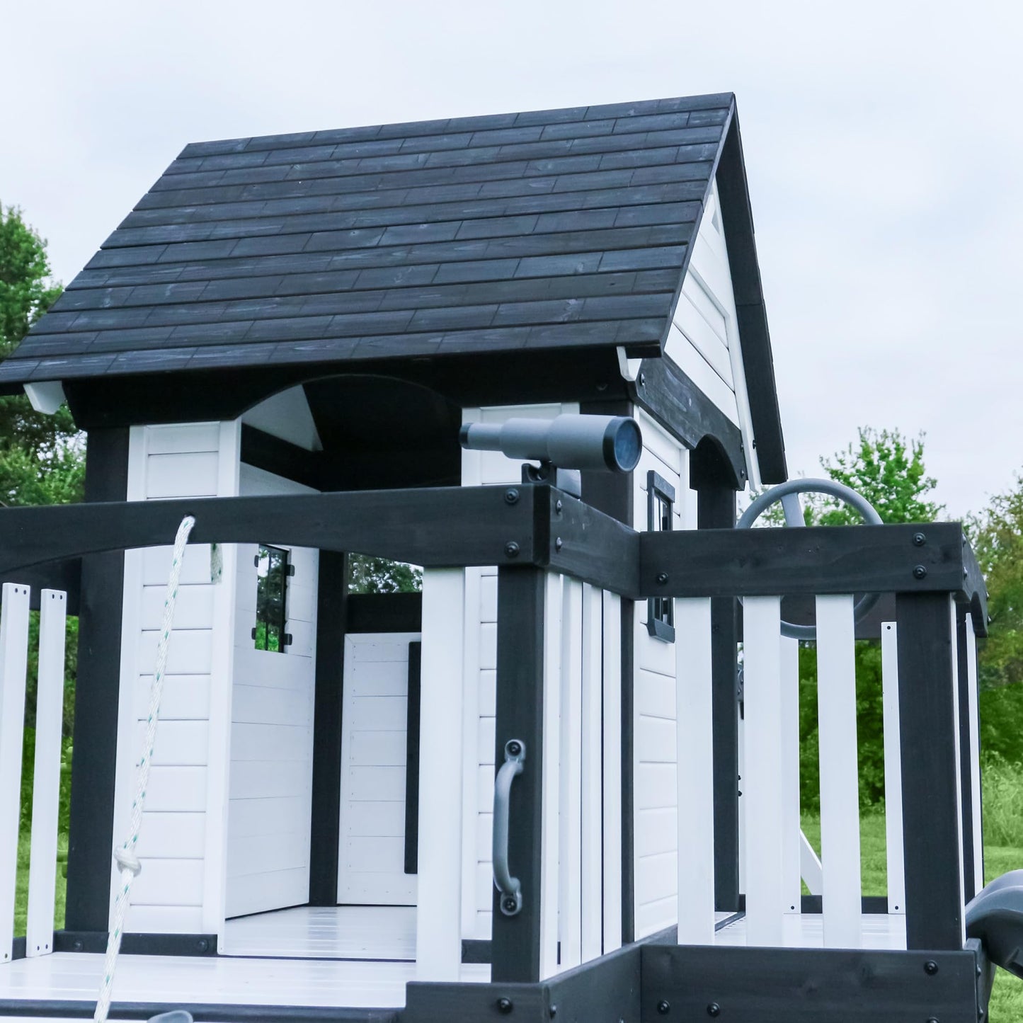 Backyard Discovery Canyon Creek Cedar Wood Swing Set with Wave Slide, Clubhouse, Play Kitchen, Picnic Area, Belt Swings, Web Swing, Rock Wall, Balconies, Playhouse, Step Ladder, Outdoor Playset