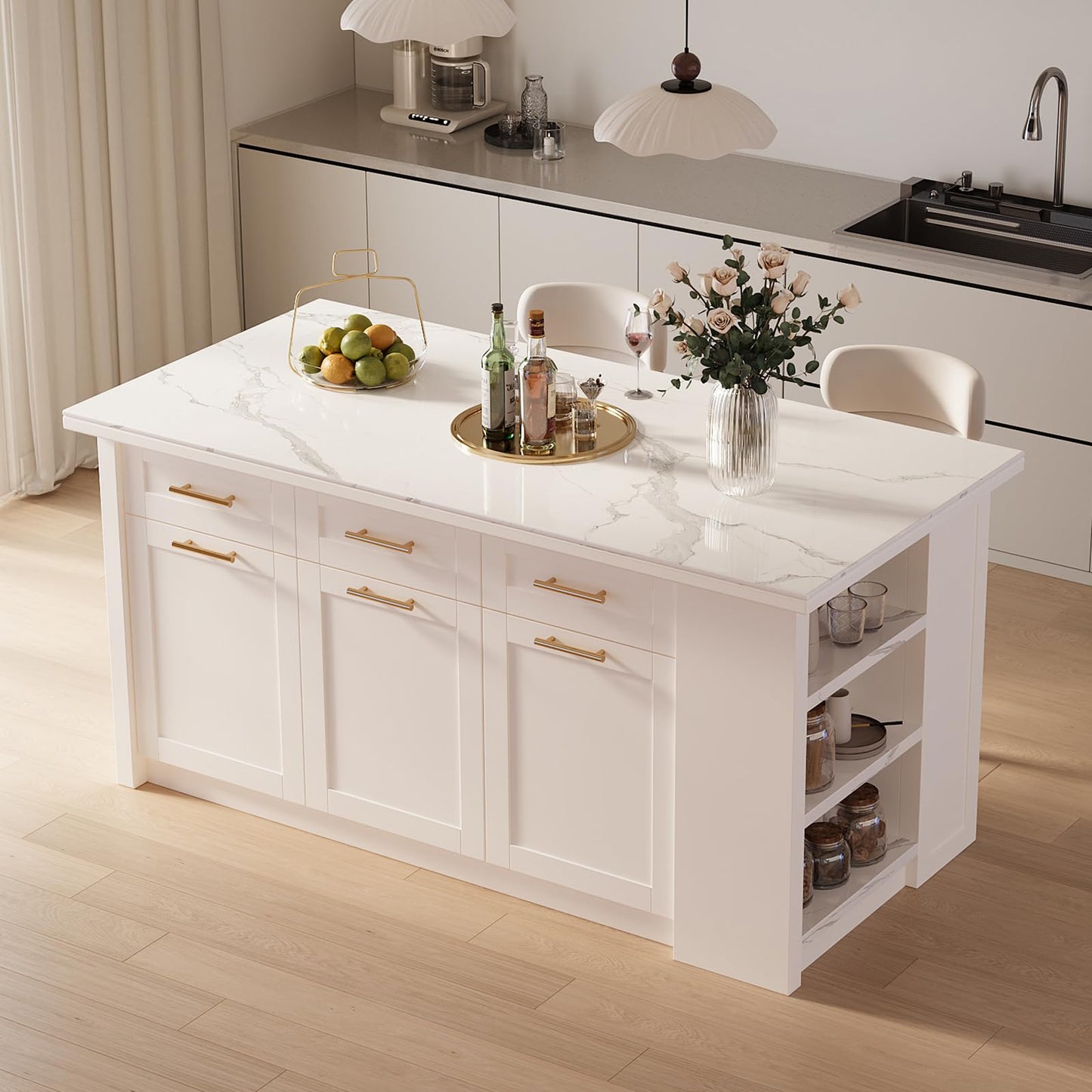 homary 71" White Kitchen Island with Storage Large Kitchen Cabinet with Drawers & Sintered Stone Top Island Table for Dining Room