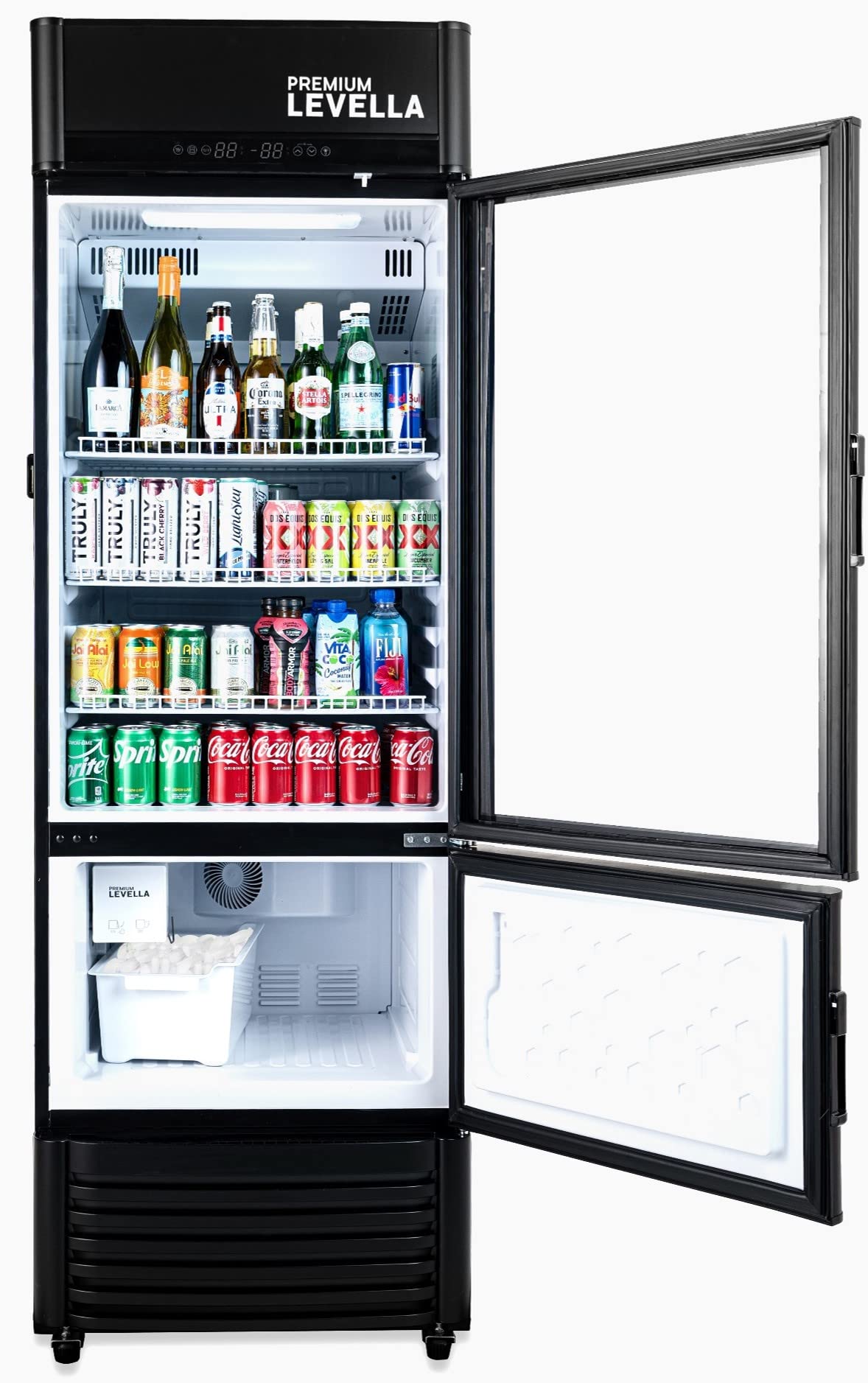 PremiumLevella PRF90DX Glass Door Display Refrigerator Commercial Beverage Cooler Merchandiser With Customizable Lightbox