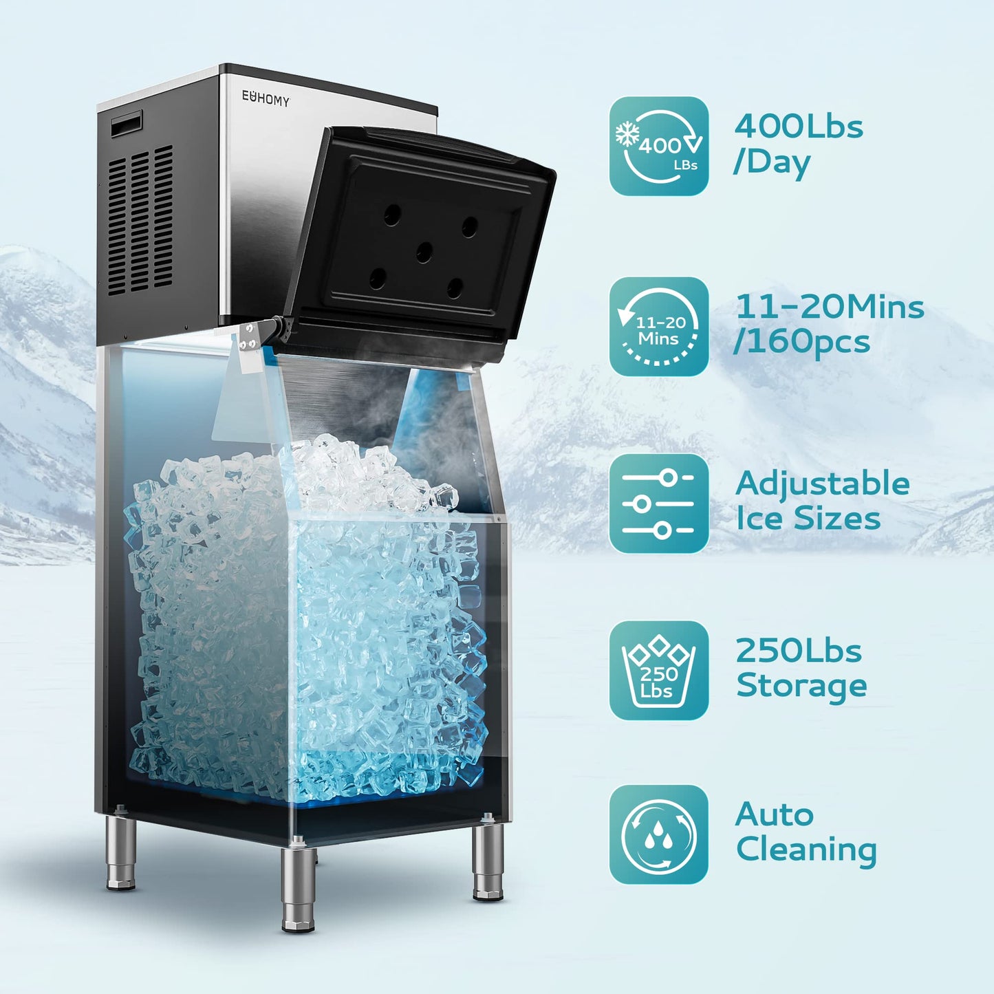EUHOMY Commercial Ice Maker Machine, Industrial Ice Machine, 250Lbs Storage, Ice Ready in 11-20min, Stainless Steel Ice Maker for Bar/Cafe/Restaurant/Business
