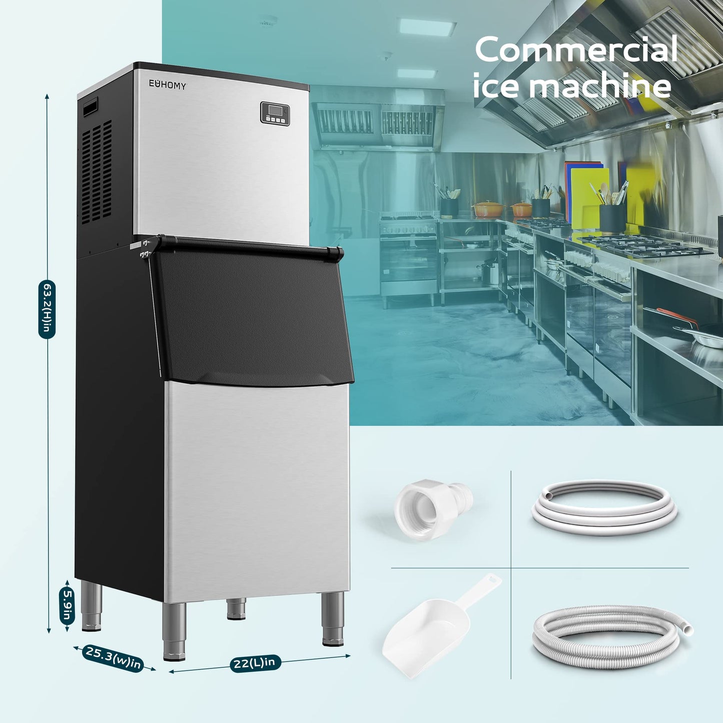 EUHOMY Commercial Ice Maker Machine, Industrial Ice Machine, 250Lbs Storage, Ice Ready in 11-20min, Stainless Steel Ice Maker for Bar/Cafe/Restaurant/Business