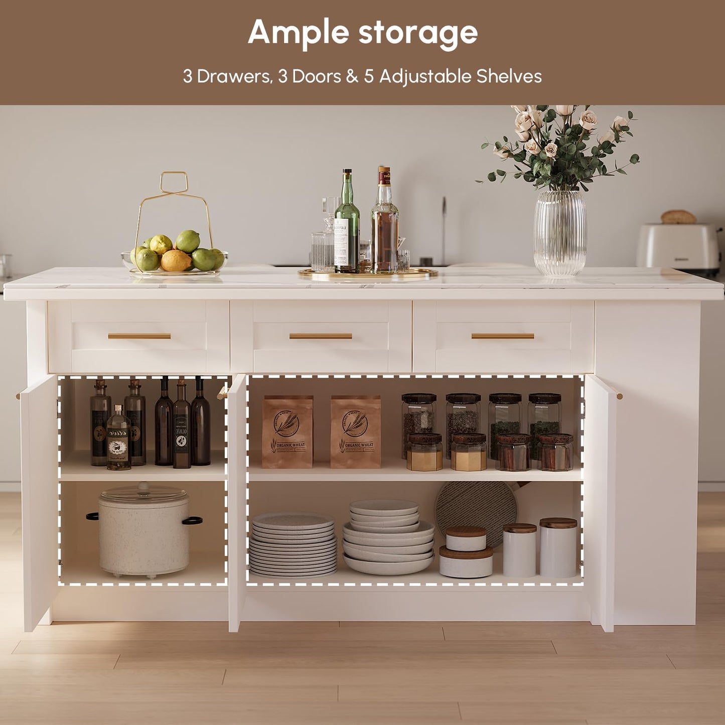 homary 71" White Kitchen Island with Storage Large Kitchen Cabinet with Drawers & Sintered Stone Top Island Table for Dining Room