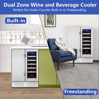 180 Bottles Wine Fridge 24 Inch Dual Zone Wine Cooler Refrigerator Freestanding Wine Refrigerator with Glass Door and Safety Lock, Large Wine Cellar for Home, Office, Kitchen