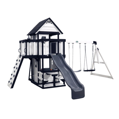 Backyard Discovery Canyon Creek Cedar Wood Swing Set with Wave Slide, Clubhouse, Play Kitchen, Picnic Area, Belt Swings, Web Swing, Rock Wall, Balconies, Playhouse, Step Ladder, Outdoor Playset