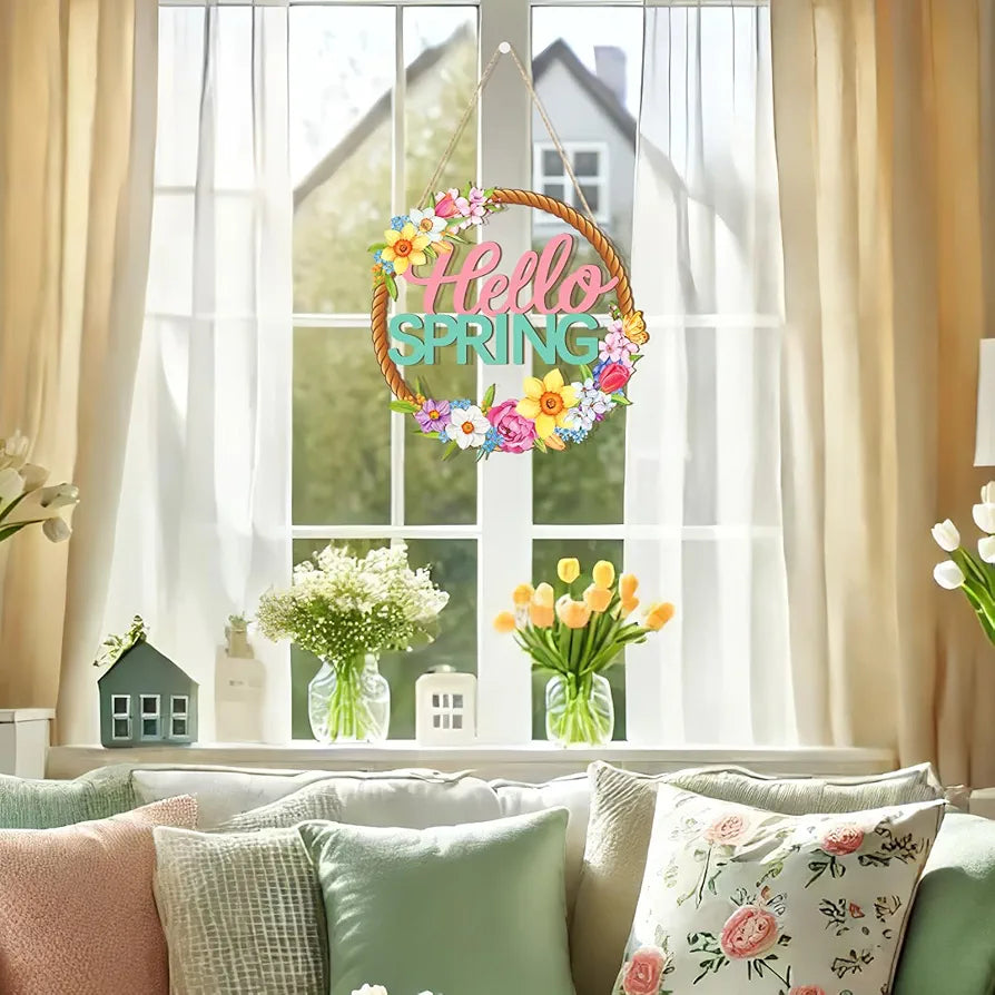 Wooden Spring Welcome Door Wreath
