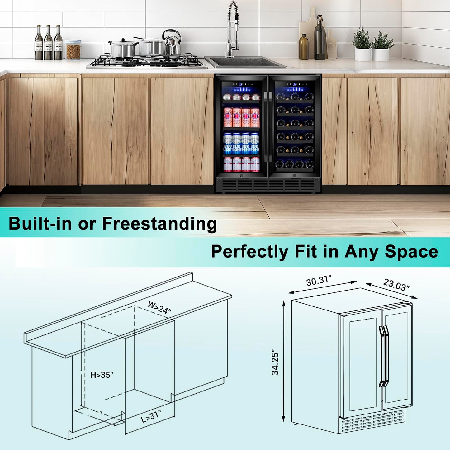 180 Bottles Wine Fridge 24 Inch Dual Zone Wine Cooler Refrigerator Freestanding Wine Refrigerator with Glass Door and Safety Lock, Large Wine Cellar for Home, Office, Kitchen