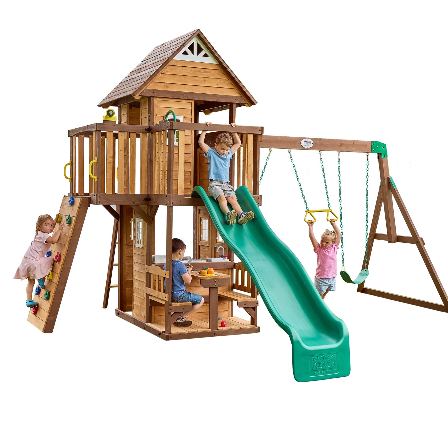 Backyard Discovery Canyon Creek Cedar Wood Swing Set with Wave Slide, Clubhouse, Play Kitchen, Picnic Area, Belt Swings, Web Swing, Rock Wall, Balconies, Playhouse, Step Ladder, Outdoor Playset