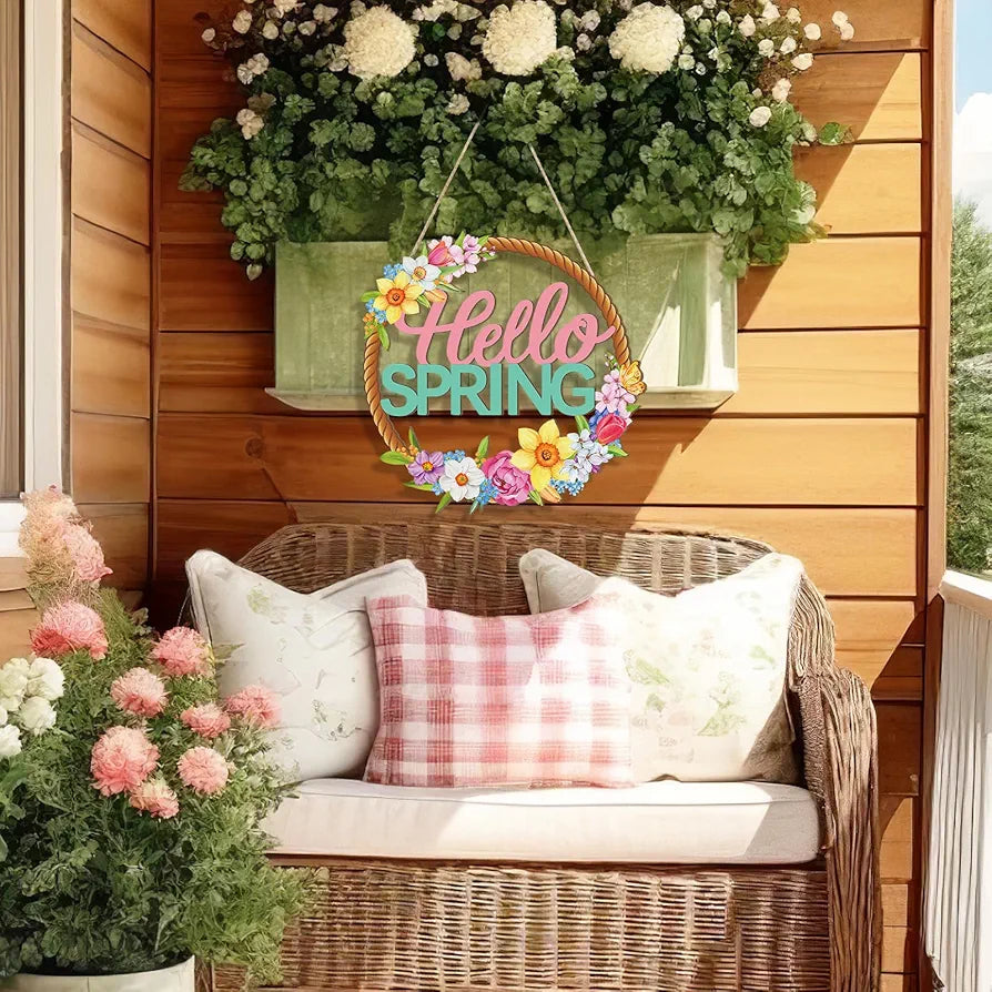 Wooden Spring Welcome Door Wreath