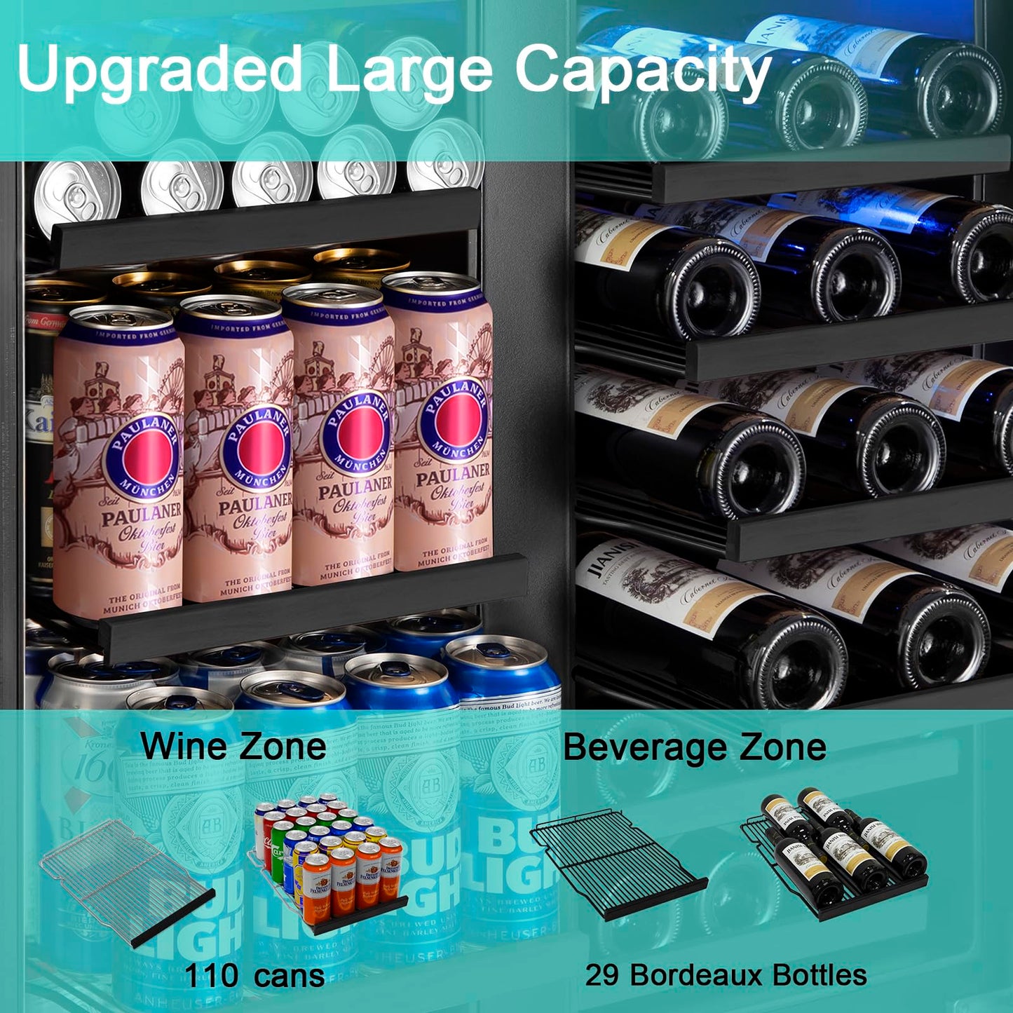 180 Bottles Wine Fridge 24 Inch Dual Zone Wine Cooler Refrigerator Freestanding Wine Refrigerator with Glass Door and Safety Lock, Large Wine Cellar for Home, Office, Kitchen
