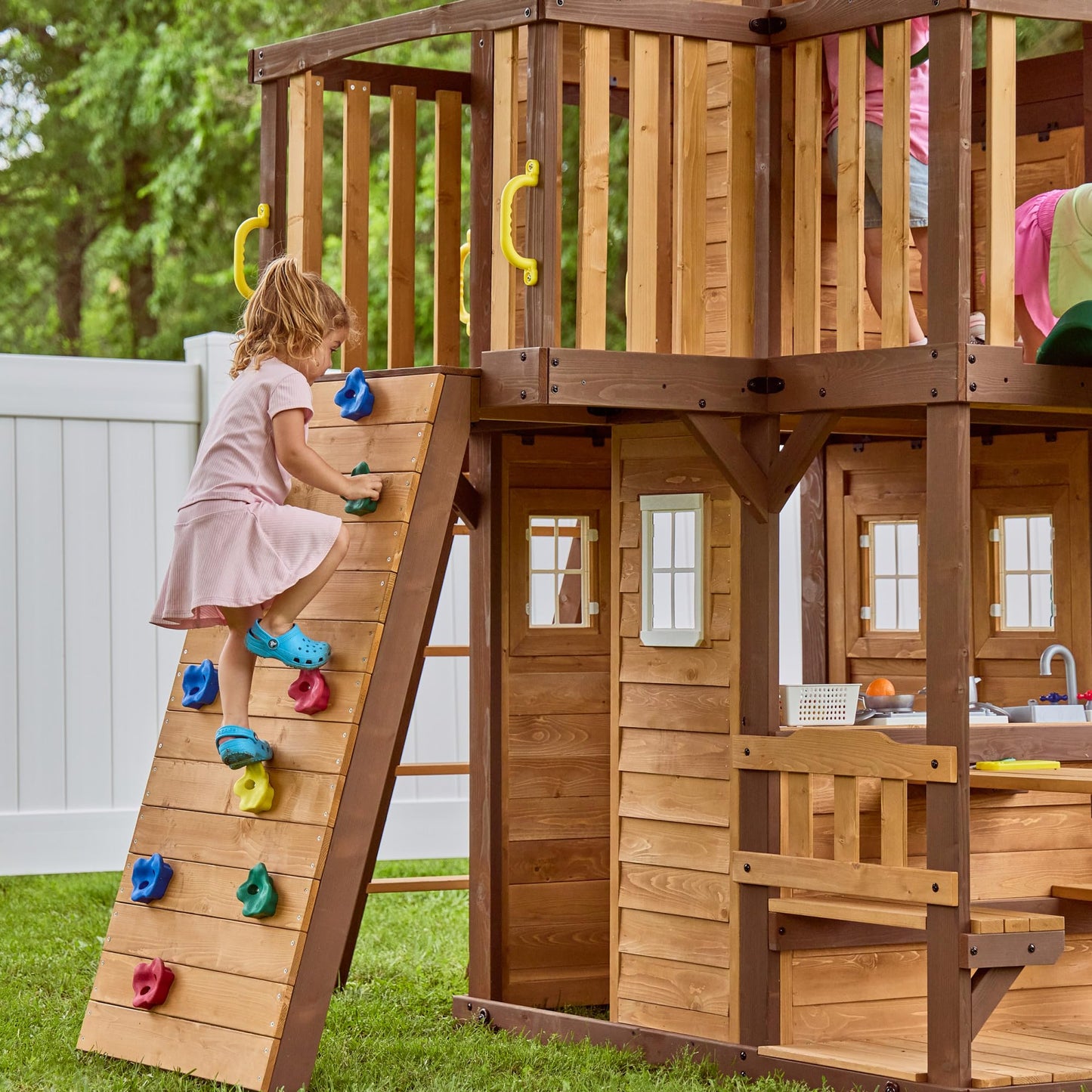 Backyard Discovery Canyon Creek Cedar Wood Swing Set with Wave Slide, Clubhouse, Play Kitchen, Picnic Area, Belt Swings, Web Swing, Rock Wall, Balconies, Playhouse, Step Ladder, Outdoor Playset