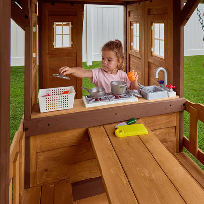 Backyard Discovery Canyon Creek Cedar Wood Swing Set with Wave Slide, Clubhouse, Play Kitchen, Picnic Area, Belt Swings, Web Swing, Rock Wall, Balconies, Playhouse, Step Ladder, Outdoor Playset
