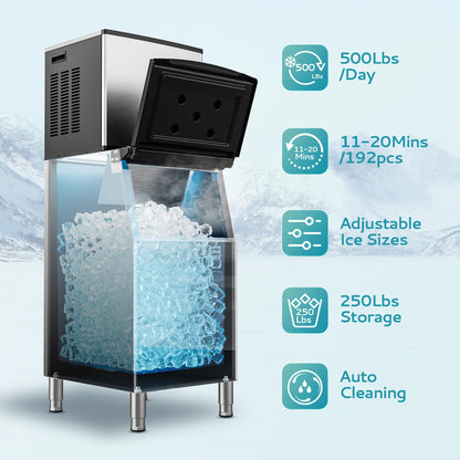 EUHOMY Commercial Ice Maker Machine, Industrial Ice Machine, 250Lbs Storage, Ice Ready in 11-20min, Stainless Steel Ice Maker for Bar/Cafe/Restaurant/Business