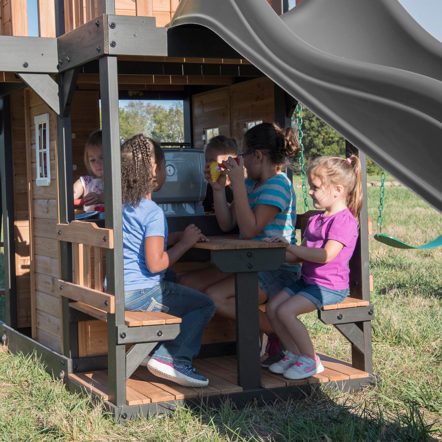 Backyard Discovery Canyon Creek Cedar Wood Swing Set with Wave Slide, Clubhouse, Play Kitchen, Picnic Area, Belt Swings, Web Swing, Rock Wall, Balconies, Playhouse, Step Ladder, Outdoor Playset