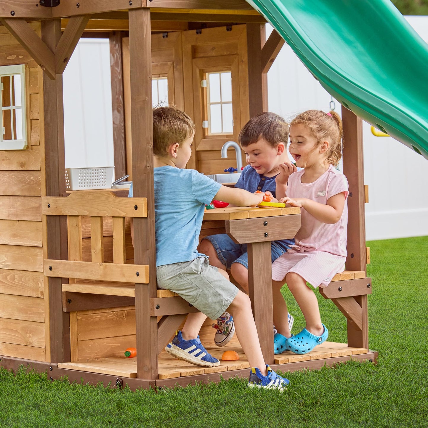 Backyard Discovery Canyon Creek Cedar Wood Swing Set with Wave Slide, Clubhouse, Play Kitchen, Picnic Area, Belt Swings, Web Swing, Rock Wall, Balconies, Playhouse, Step Ladder, Outdoor Playset