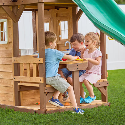 Backyard Discovery Canyon Creek Cedar Wood Swing Set with Wave Slide, Clubhouse, Play Kitchen, Picnic Area, Belt Swings, Web Swing, Rock Wall, Balconies, Playhouse, Step Ladder, Outdoor Playset