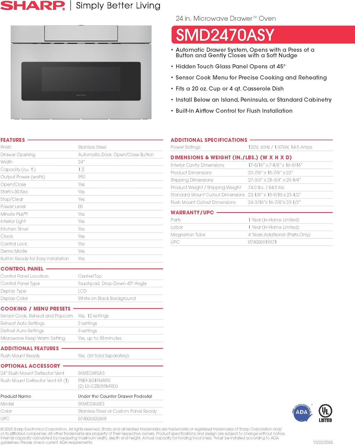 SHARP SMD2470ASY Microwave Drawer Oven, 24-inch, 1.2 Cubic Feet, 950 Watt, Concealed Control Panel with Digital LCD Display, Stainless Steel