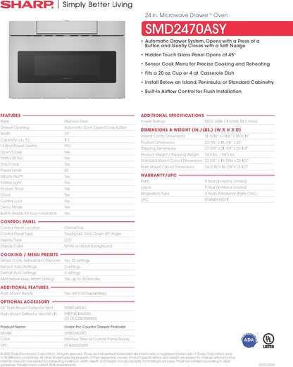 SHARP SMD2470ASY Microwave Drawer Oven, 24-inch, 1.2 Cubic Feet, 950 Watt, Concealed Control Panel with Digital LCD Display, Stainless Steel
