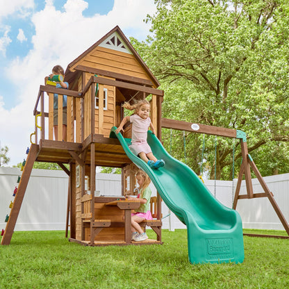 Backyard Discovery Canyon Creek Cedar Wood Swing Set with Wave Slide, Clubhouse, Play Kitchen, Picnic Area, Belt Swings, Web Swing, Rock Wall, Balconies, Playhouse, Step Ladder, Outdoor Playset