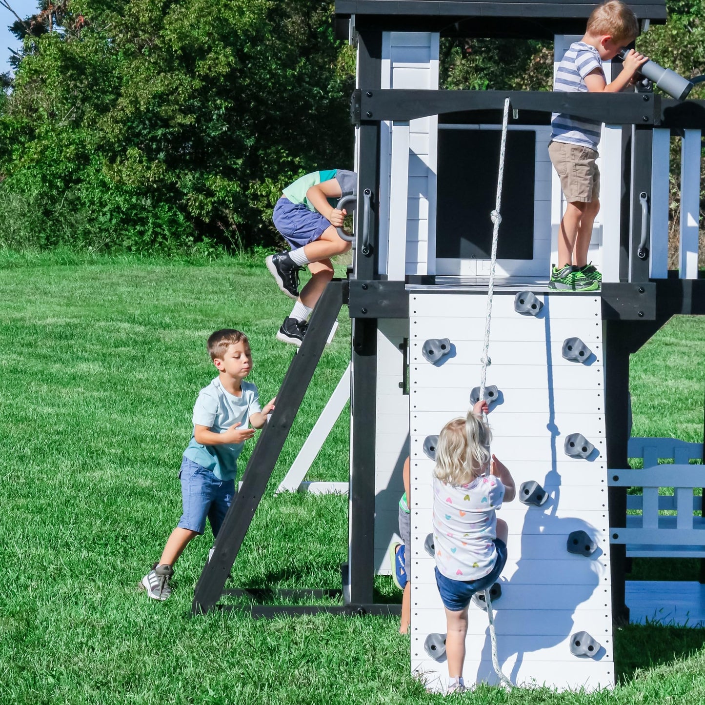Backyard Discovery Canyon Creek Cedar Wood Swing Set with Wave Slide, Clubhouse, Play Kitchen, Picnic Area, Belt Swings, Web Swing, Rock Wall, Balconies, Playhouse, Step Ladder, Outdoor Playset