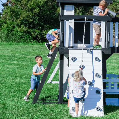 Backyard Discovery Canyon Creek Cedar Wood Swing Set with Wave Slide, Clubhouse, Play Kitchen, Picnic Area, Belt Swings, Web Swing, Rock Wall, Balconies, Playhouse, Step Ladder, Outdoor Playset