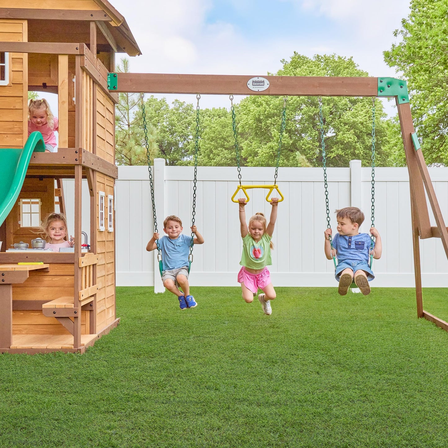 Backyard Discovery Canyon Creek Cedar Wood Swing Set with Wave Slide, Clubhouse, Play Kitchen, Picnic Area, Belt Swings, Web Swing, Rock Wall, Balconies, Playhouse, Step Ladder, Outdoor Playset