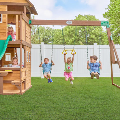Backyard Discovery Canyon Creek Cedar Wood Swing Set with Wave Slide, Clubhouse, Play Kitchen, Picnic Area, Belt Swings, Web Swing, Rock Wall, Balconies, Playhouse, Step Ladder, Outdoor Playset