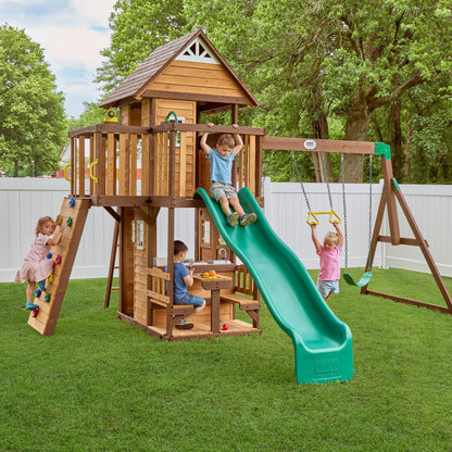 Backyard Discovery Canyon Creek Cedar Wood Swing Set with Wave Slide, Clubhouse, Play Kitchen, Picnic Area, Belt Swings, Web Swing, Rock Wall, Balconies, Playhouse, Step Ladder, Outdoor Playset